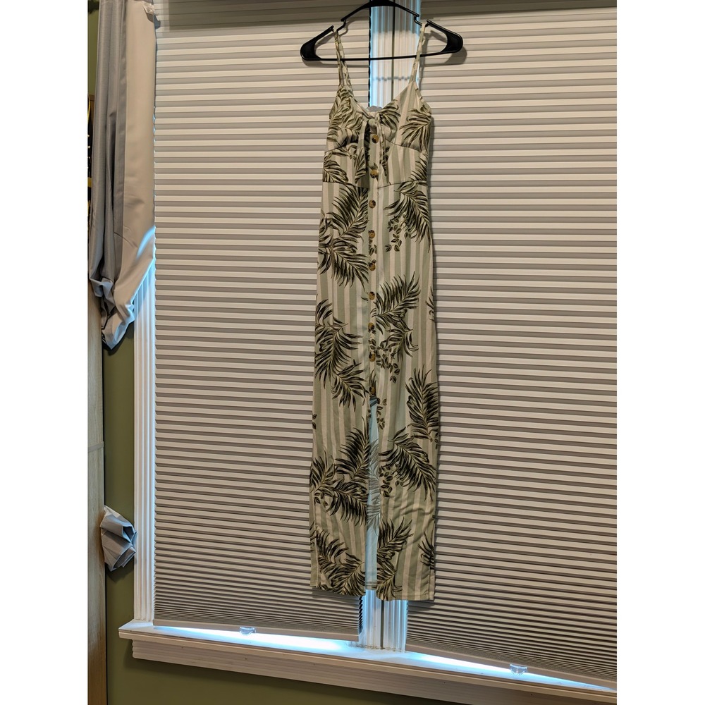No Boundaries Tropical Palm Maxi Dress XS Green Button Front Tie Sweetheart